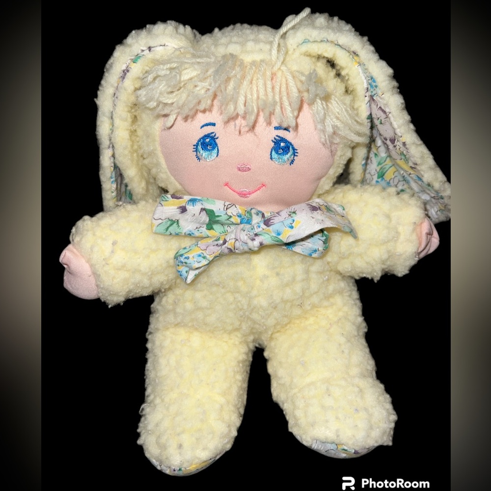 Vtg 1987 Dolly Mine Easter Lovey Bunny Rabbit Plush Stuffed Doll Sherpa Yellow